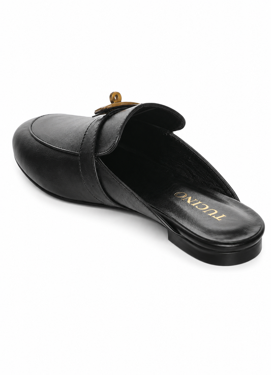 Saboți Damă Negri Eleganți cu Accesoriu Metalic