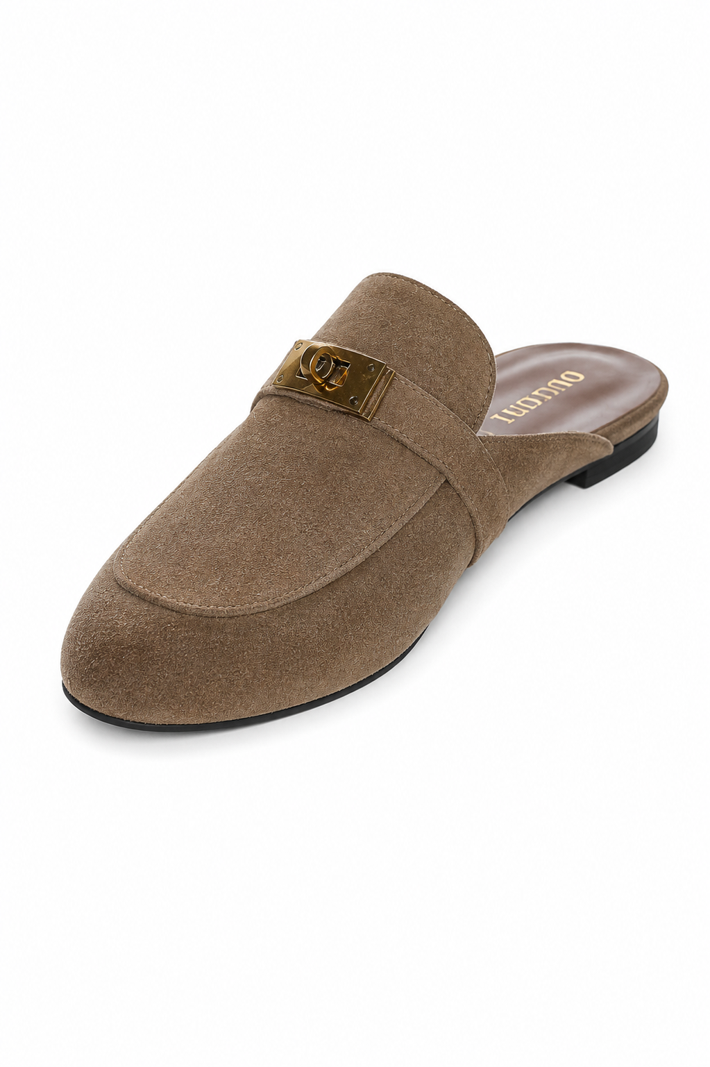 Saboți Damă Maro Tip Loafer cu Accesoriu Auriu