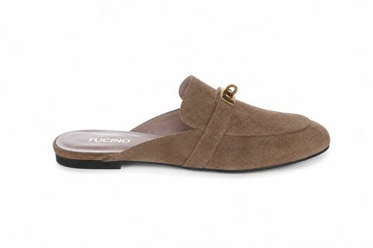 Saboți Damă Maro Tip Loafer cu Accesoriu Auriu