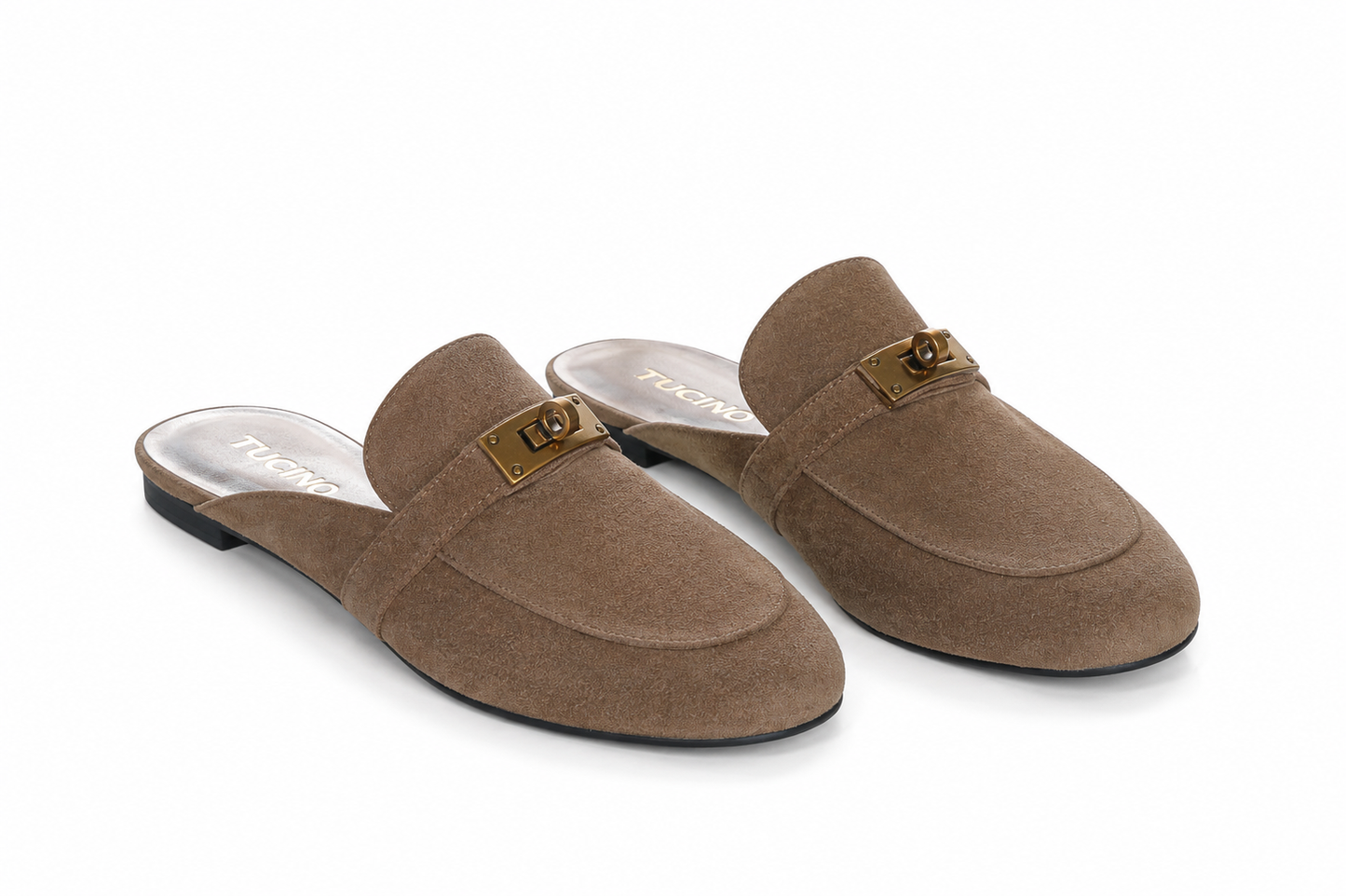 Saboți Damă Maro Tip Loafer cu Accesoriu Auriu