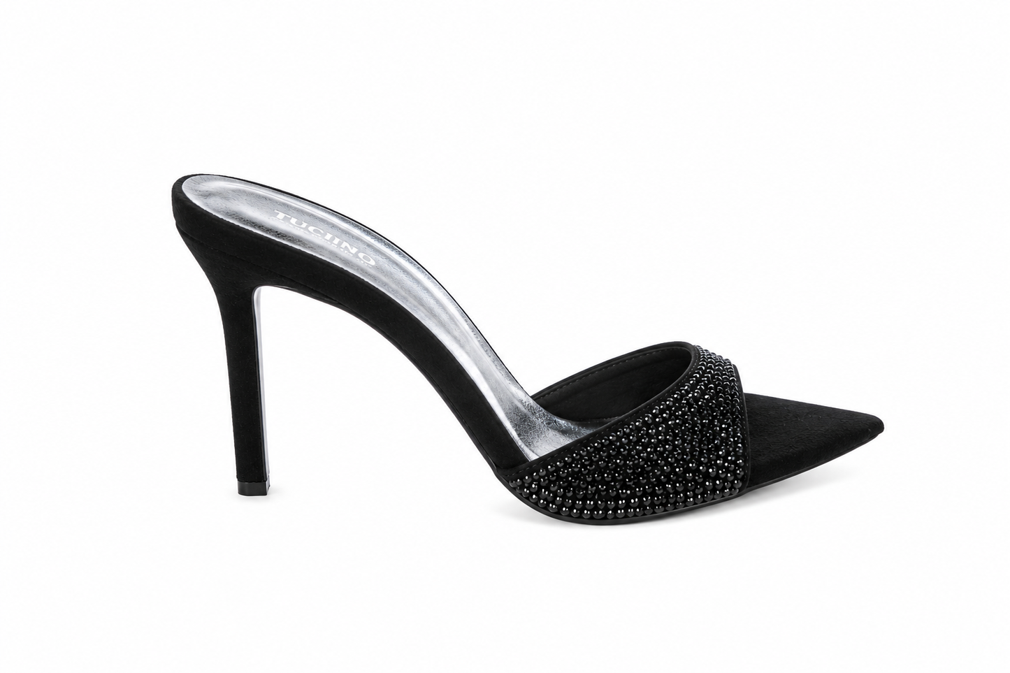Pantofi Mule Damă Negri cu Strasuri și Toc Stiletto