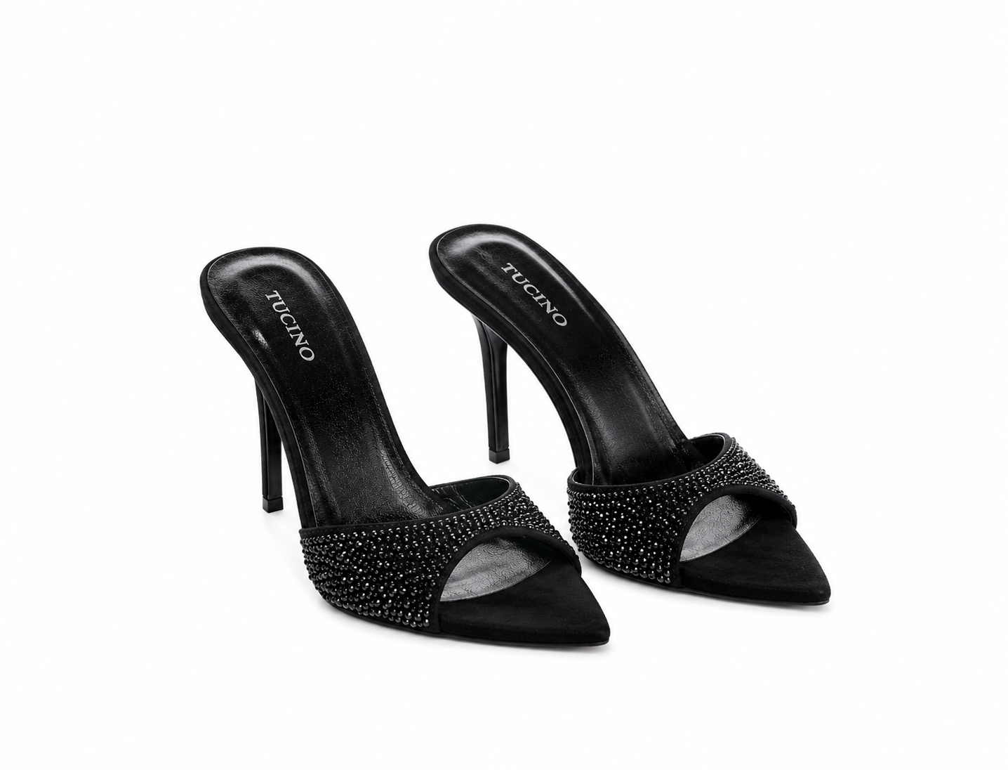 Pantofi Mule Damă Negri cu Strasuri și Toc Stiletto