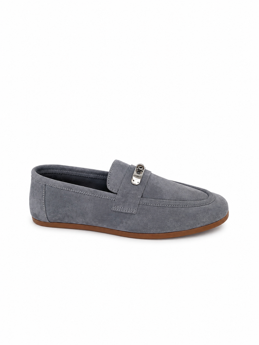 Mocasini Damă Gri Închis Eleganți cu Accesoriu Metalic