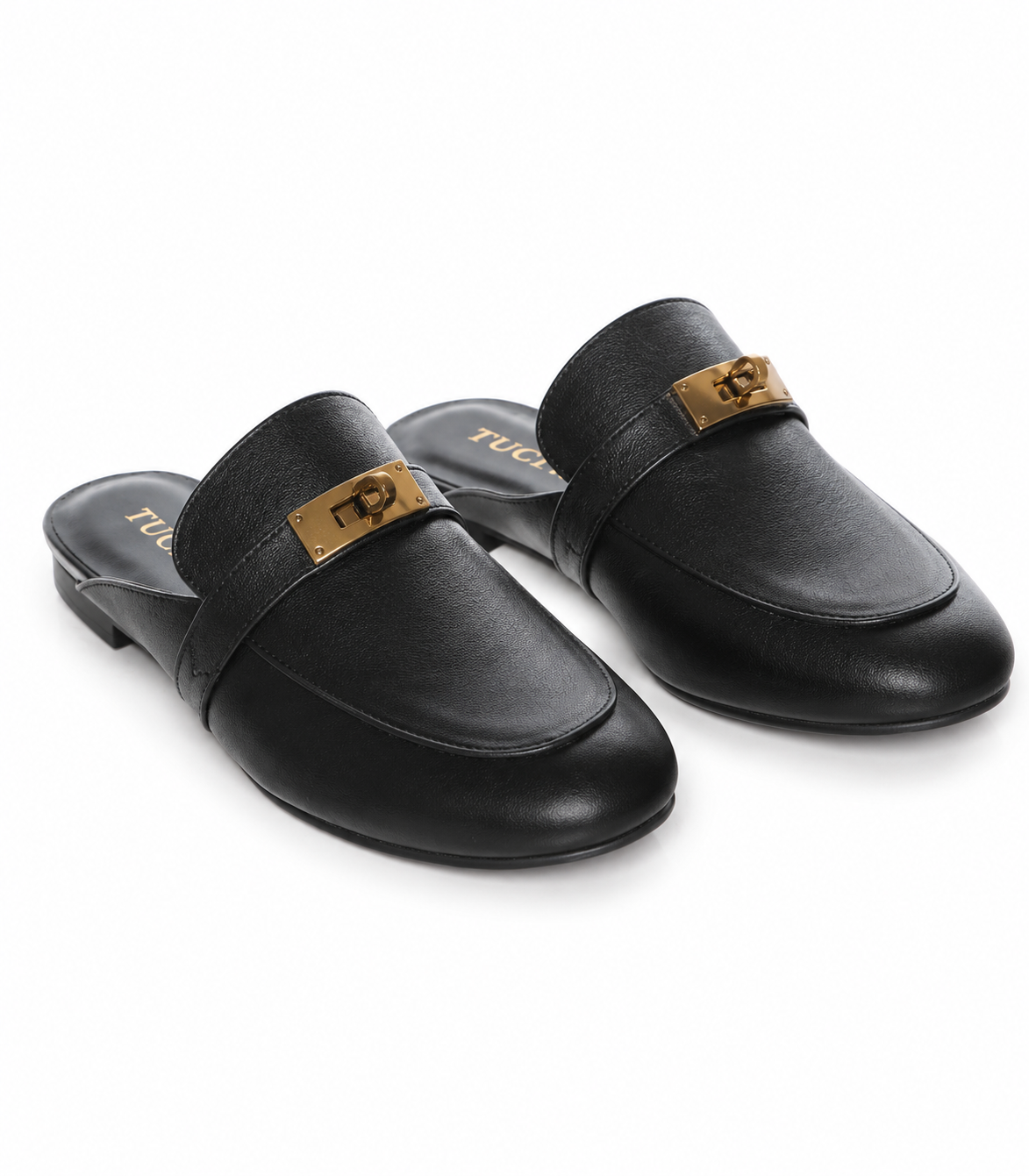 Saboți Damă Negri Eleganți cu Accesoriu Metalic