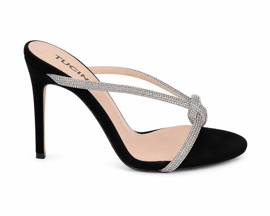 Sandale Damă Negre cu Toc Stiletto și Barete cu Strasuri